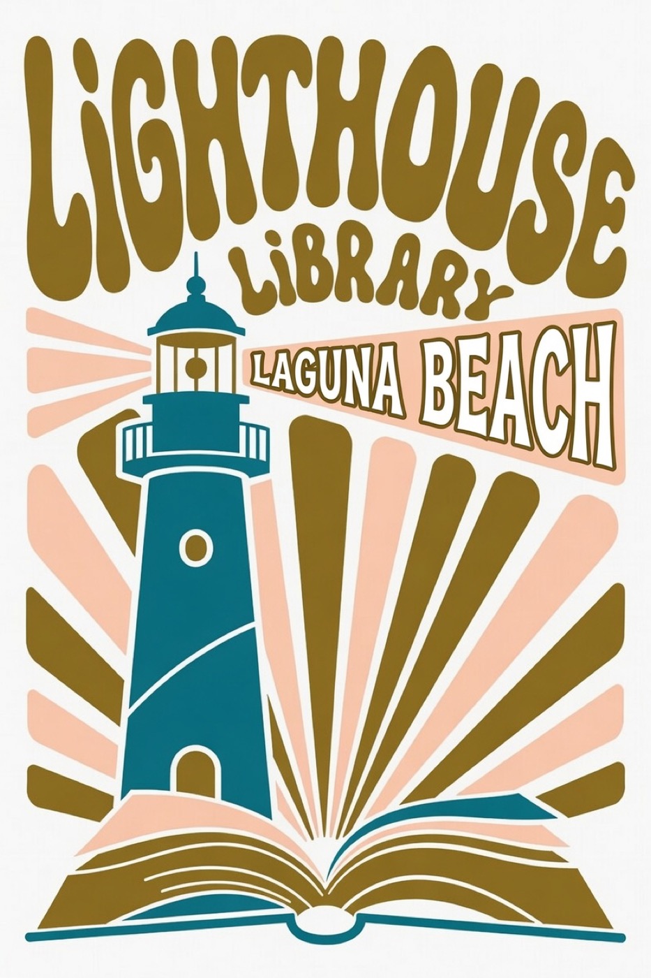 Lighthouse Library, Laguna Beach: a teal lighthouse rising from an open book